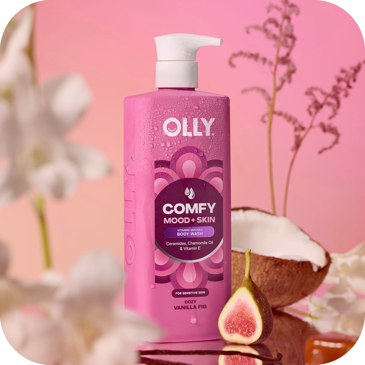 OLLY Body Wash Comfy Mood + Skin - Cozy Vanilla & Fig Scent, Hydrating & Nourishing with Ceramides, Chamomile Oil & Vitamin E, 17 Fl Oz Avelisse