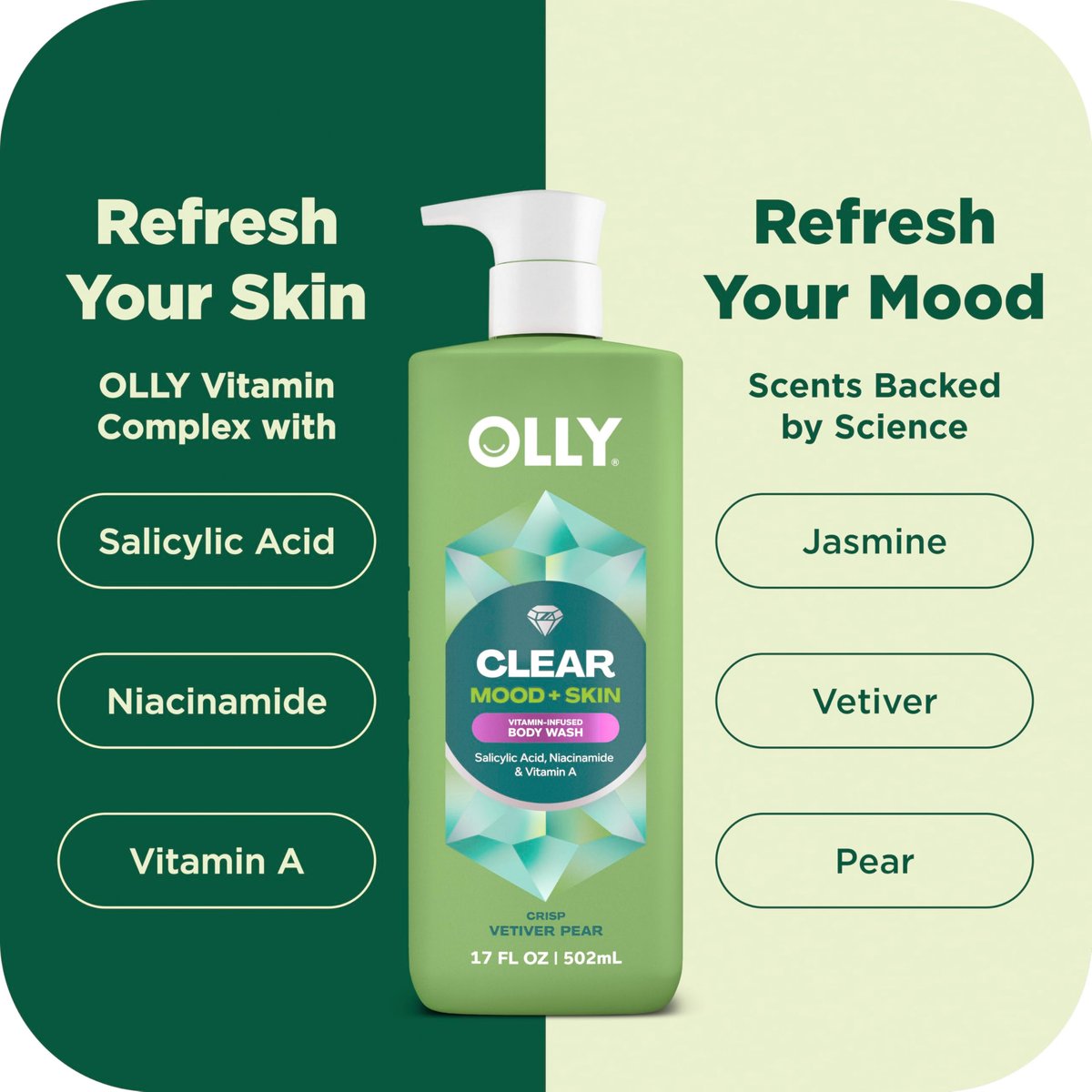 OLLY Body Wash Clear Mood + Skin with Salicylic Acid, Niacinamide & Vitamin A for Smoother Skin, 17 Fl Oz - görsel 7