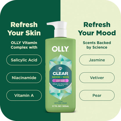OLLY Body Wash Clear Mood + Skin with Salicylic Acid, Niacinamide & Vitamin A for Smoother Skin, 17 Fl Oz