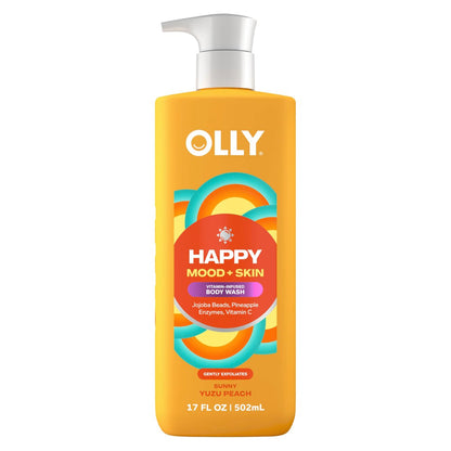OLLY Exfoliating Body Wash Happy Mood + Skin - Jojoba Beads, Pineapple Enzymes & Vitamin C for Softer, Glowing Skin - 17 Fl Oz