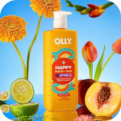 OLLY Exfoliating Body Wash Happy Mood + Skin - Jojoba Beads, Pineapple Enzymes & Vitamin C for Softer, Glowing Skin - 17 Fl Oz