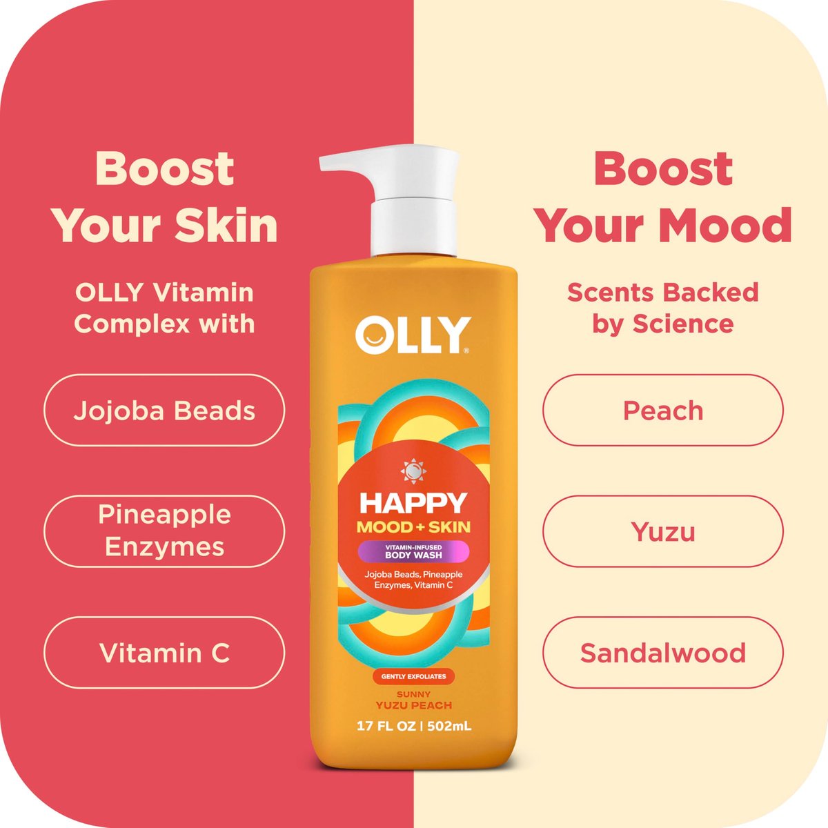 OLLY Exfoliating Body Wash Happy Mood + Skin - Jojoba Beads, Pineapple Enzymes & Vitamin C for Softer, Glowing Skin - 17 Fl Oz - görsel 7