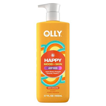 OLLY Exfoliating Body Wash Happy Mood + Skin - Jojoba Beads, Pineapple Enzymes & Vitamin C for Softer, Glowing Skin - 17 Fl Oz