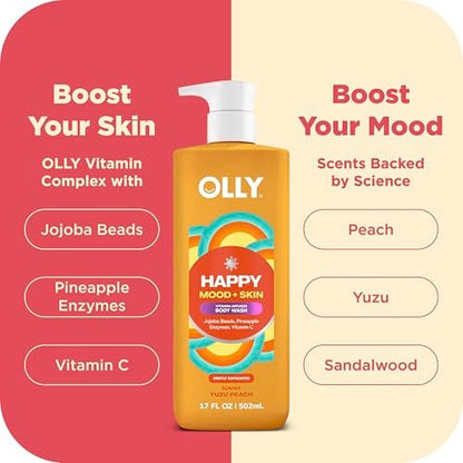 OLLY Exfoliating Body Wash Happy Mood + Skin - Jojoba Beads, Pineapple Enzymes & Vitamin C for Softer, Glowing Skin - 17 Fl Oz