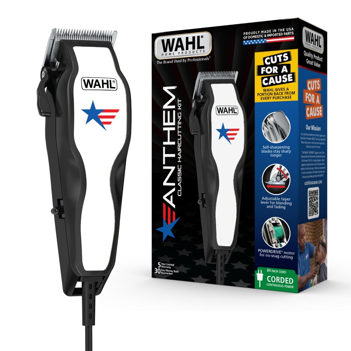Wahl USA Anthem Classic Haircutting Kit – Corded Hair Clipper for Men with No-Snag Blades, Powerful POWERDRIVE Motor & Adjustable Fade Lever – Model 3029140 Avelisse