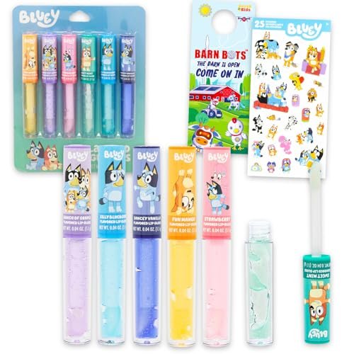 Bluey Lip Gloss Bundle for Girls – 6 Pack of Flavored Glosses with Stickers, Perfect Party Favors for Kids Avelisse