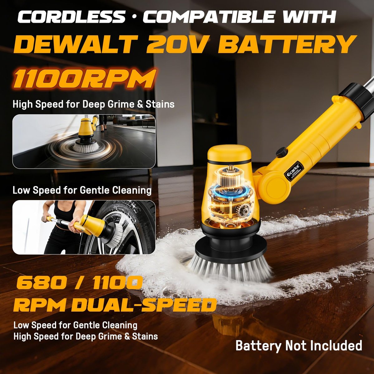 Ecarke Electric Spin Scrubber Compatible with DeWalt 20V Battery, Cordless Cleaning Brush with 4-Stage Handle, 8 Cleaning Heads for Bathroom, Floor, Kitchen, Tub, Tile – Tool Only Avelisse