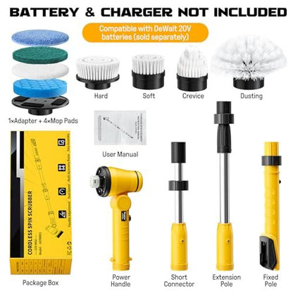 Ecarke Electric Spin Scrubber Compatible with DeWalt 20V Battery, Cordless Cleaning Brush with 4-Stage Handle, 8 Cleaning Heads for Bathroom, Floor, Kitchen, Tub, Tile – Tool Only Avelisse