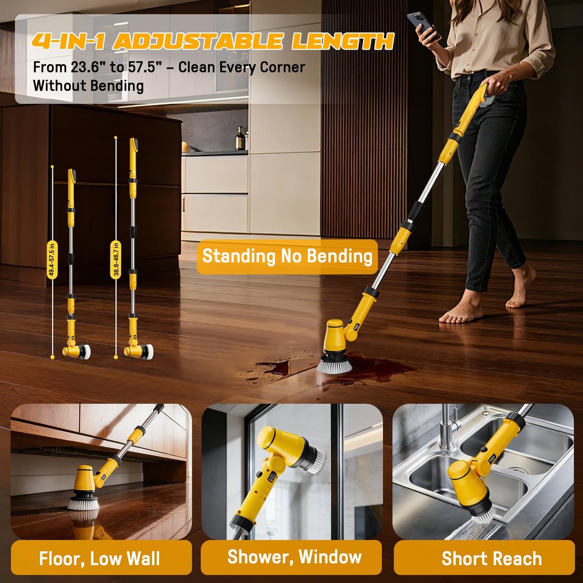 Ecarke Electric Spin Scrubber Compatible with DeWalt 20V Battery, Cordless Cleaning Brush with 4-Stage Handle, 8 Cleaning Heads for Bathroom, Floor, Kitchen, Tub, Tile – Tool Only Avelisse