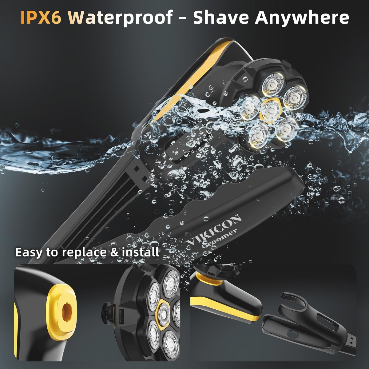 VIKICON Groomer Back Shaver for Men: Long Foldable Handle Electric Back Razor with 6D No-Scratch Shaving - Waterproof Body, Beard, Head & Face Hair Removal, Gifts for Husband Dad (Black) Avelisse