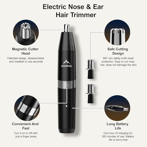ZENIPEAK Professional Nose Hair Trimmer for Men & Women, USB-C Rechargeable Electric Ear & Nasal Clipper, Micro-Vacuum, Painless 8000 RPM, 3 Patented Magnetic Heads, Waterproof Travel Kit Avelisse