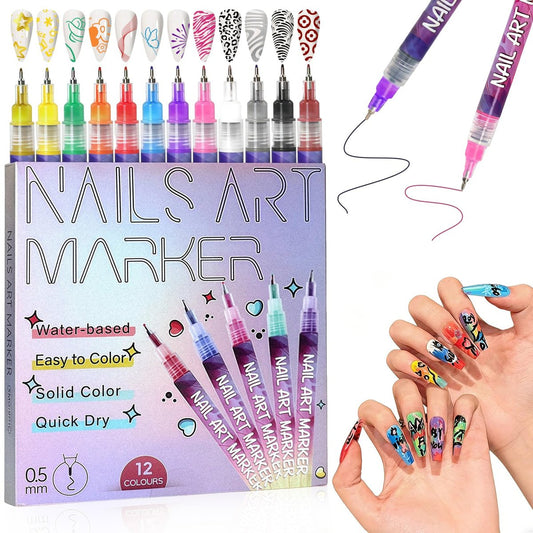 12-Color Quick Dry Nail Art Pens for Beginners – Fine Tip Markers with Travel Case