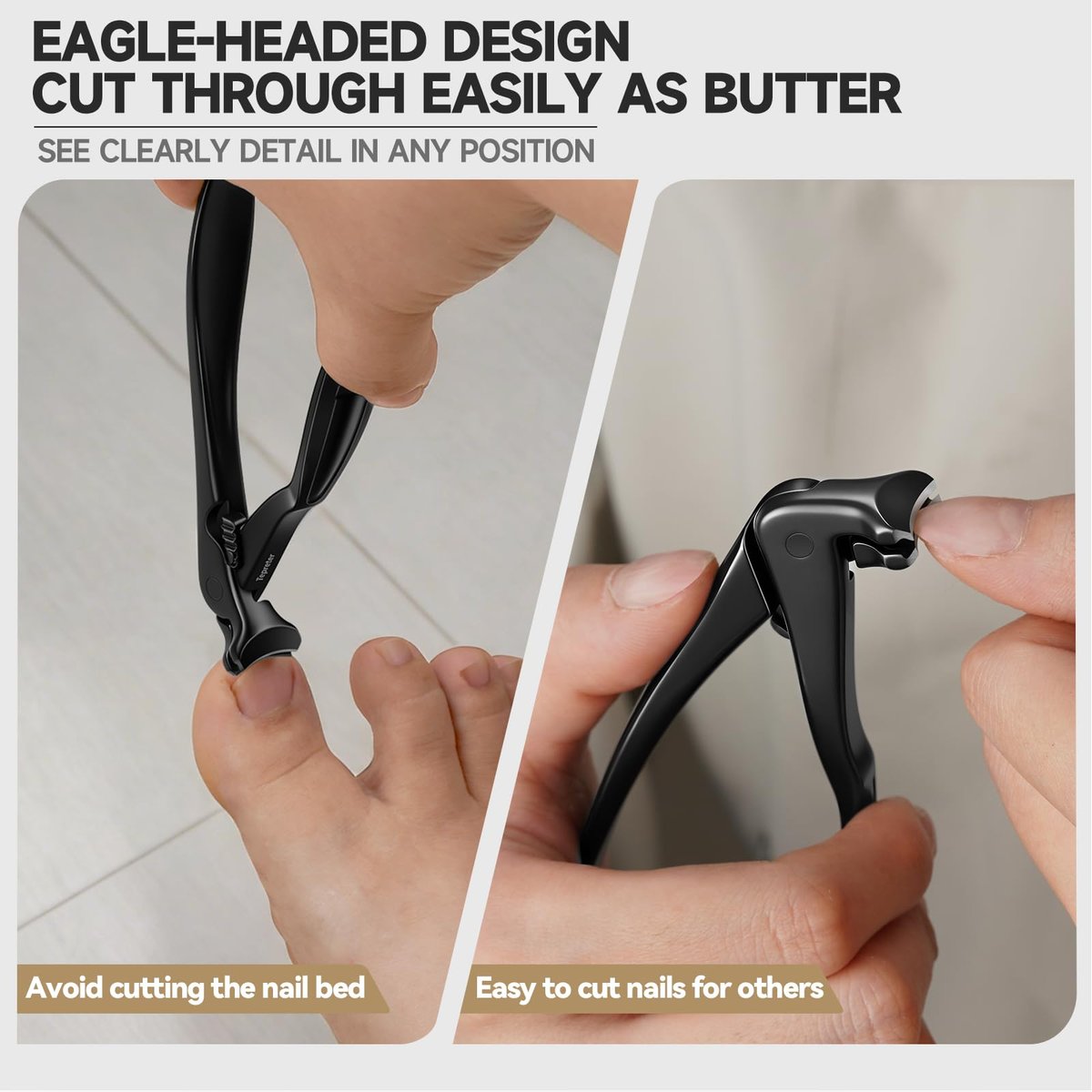 Ergonomic Long Handle Toenail Clippers for Seniors – Angled Head Wide Jaw Fingernail Clipper for Thick Ingrown Toenails, Large Nail Clippers with Nail File, Black Stainless Steel Avelisse