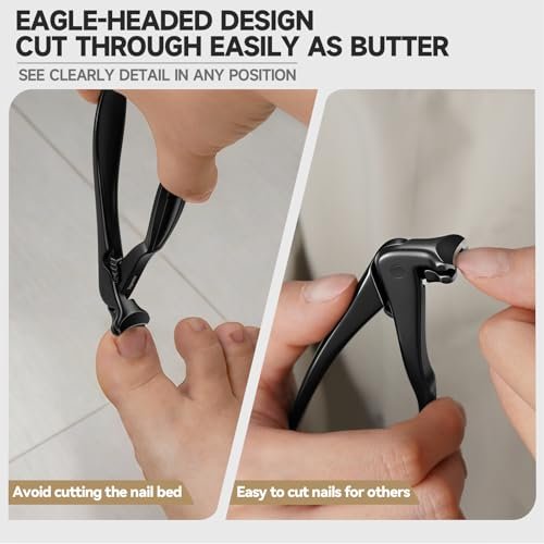 Ergonomic Long Handle Toenail Clippers for Seniors – Angled Head Wide Jaw Fingernail Clipper for Thick Ingrown Toenails, Large Nail Clippers with Nail File, Black Stainless Steel Avelisse