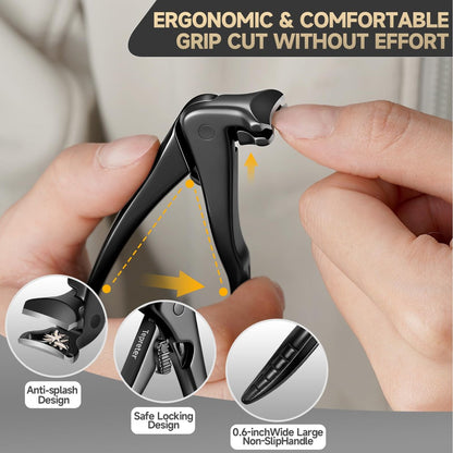 Ergonomic Long Handle Toenail Clippers for Seniors – Angled Head Wide Jaw Fingernail Clipper for Thick Ingrown Toenails, Large Nail Clippers with Nail File, Black Stainless Steel Avelisse