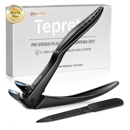 Ergonomic Long Handle Toenail Clippers for Seniors – Angled Head Wide Jaw Fingernail Clipper for Thick Ingrown Toenails, Large Nail Clippers with Nail File, Black Stainless Steel Avelisse