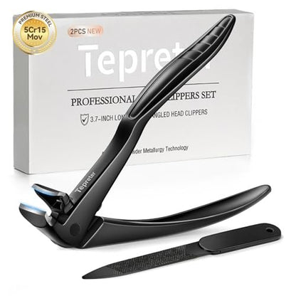 Ergonomic Long Handle Toenail Clippers for Seniors – Angled Head Wide Jaw Fingernail Clipper for Thick Ingrown Toenails, Large Nail Clippers with Nail File, Black Stainless Steel Avelisse