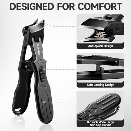 Heavy Duty Toe Nail Clippers for Thick Nails – Angled Slanted Side Cut for Seniors, Men, and Women with Wide Jaw Opening and Catcher (Black, Stainless Steel) Avelisse