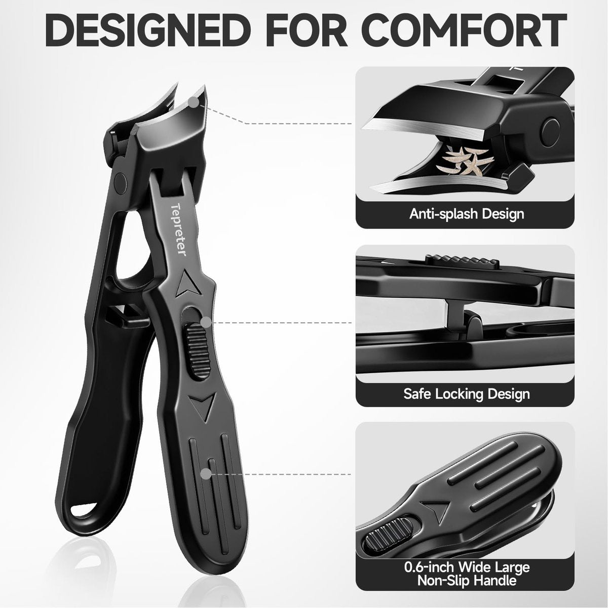 Heavy Duty Toe Nail Clippers for Thick Nails – Angled Slanted Side Cut for Seniors, Men, and Women with Wide Jaw Opening and Catcher (Black, Stainless Steel) Avelisse