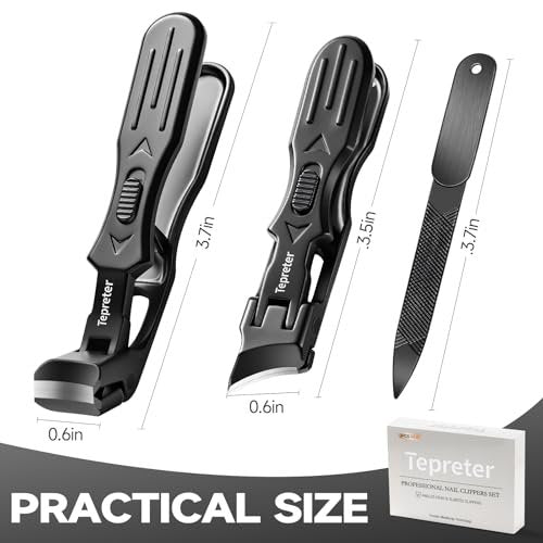 Heavy Duty Toe Nail Clippers for Thick Nails – Angled Slanted Side Cut for Seniors, Men, and Women with Wide Jaw Opening and Catcher (Black, Stainless Steel) Avelisse