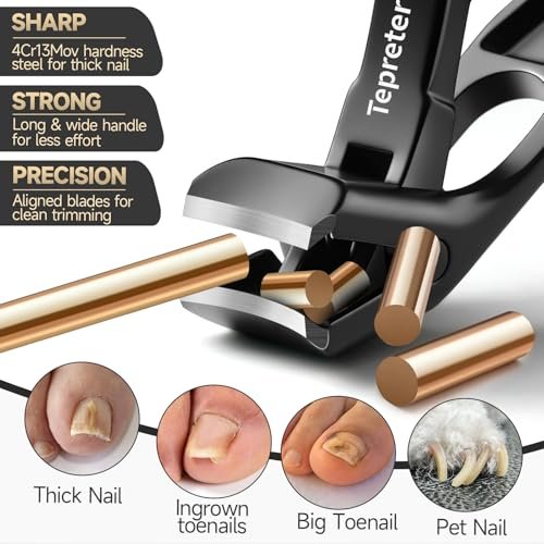 Heavy Duty Toe Nail Clippers for Thick Nails – Angled Slanted Side Cut for Seniors, Men, and Women with Wide Jaw Opening and Catcher (Black, Stainless Steel) Avelisse