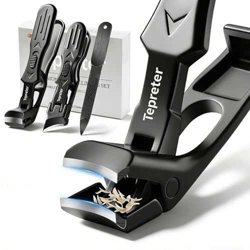 Heavy Duty Toe Nail Clippers for Thick Nails – Angled Slanted Side Cut for Seniors, Men, and Women with Wide Jaw Opening and Catcher (Black, Stainless Steel) Avelisse
