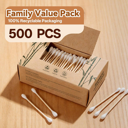 YD WINGTAI Bamboo Cotton Swabs 500 Count - Natural, Biodegradable, Organic Wooden Sticks for Ear Care, Makeup, Travel & Gentle Cleaning