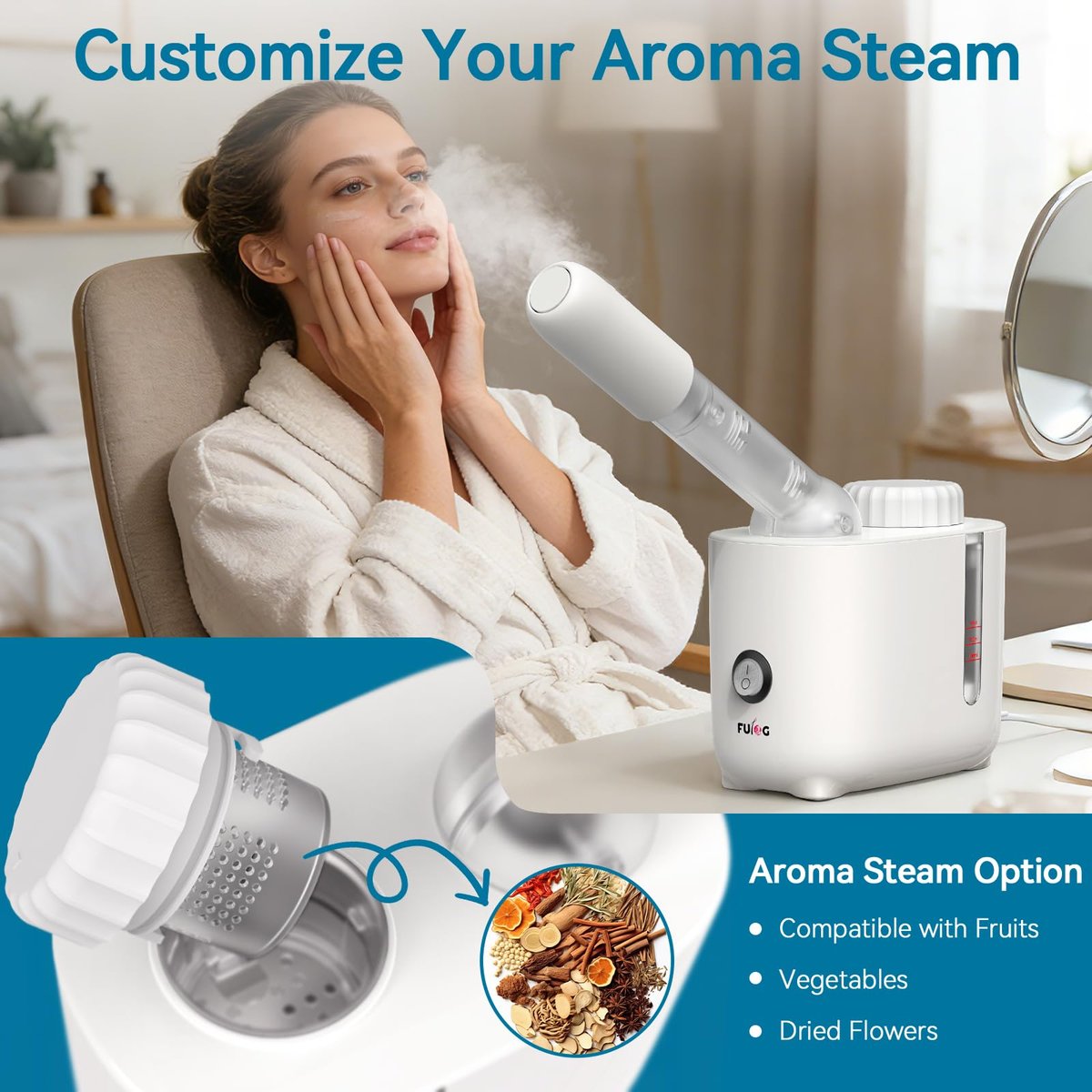 Fulog Facial Steamer Nano Ionic Face Steamer with 360° Rotating Arm – Deep Cleaning Portable Spa Machine for Home & Salon Avelisse