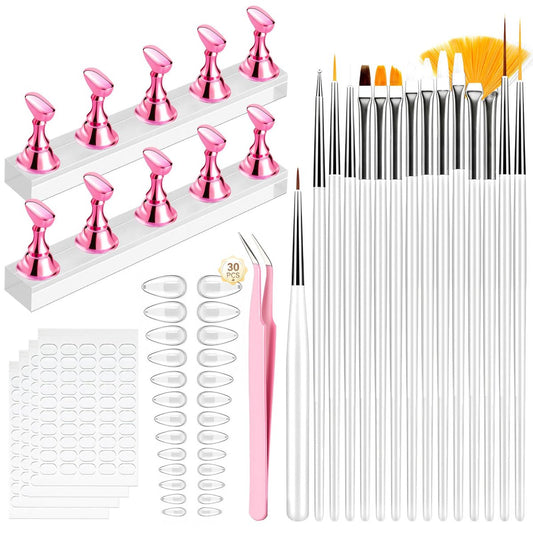 Makartt Complete Press on Nails Design Kit: 30 Almond Tips, Liner Brushes, Magnetic Stand, Solid Base & Adhesive Tabs for DIY Manicure at Home