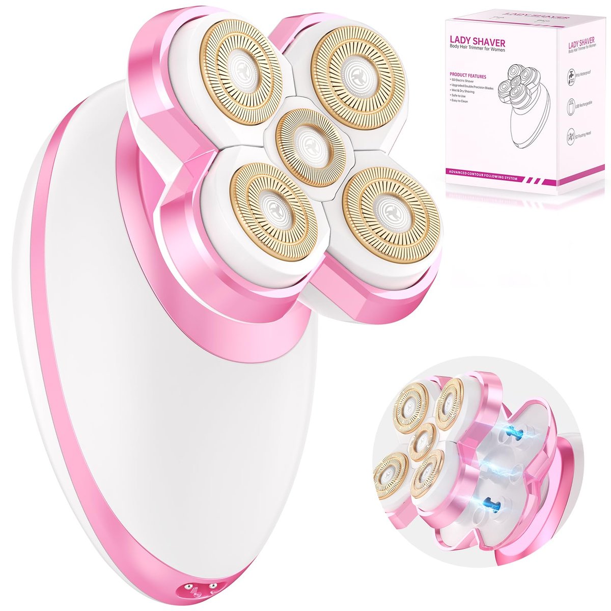 Upgraded Magnetic Flawless Electric Shaver for Women – Rechargeable, Waterproof Trimmer for Legs, Arms & Pubic Area (Pink) Avelisse
