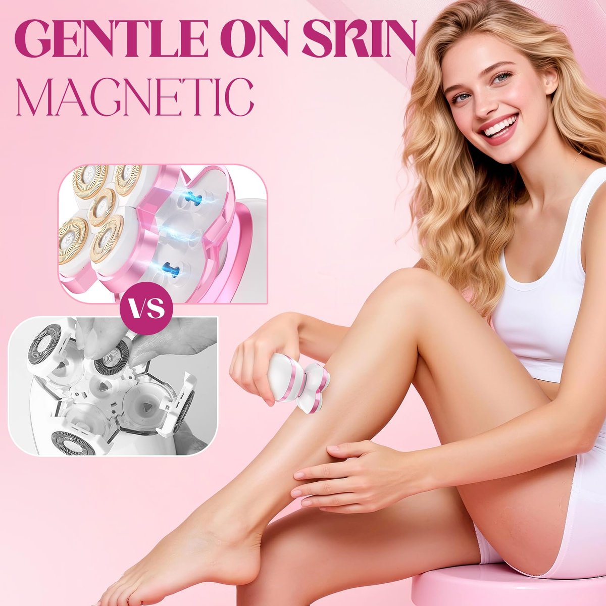 Upgraded Magnetic Flawless Electric Shaver for Women – Rechargeable, Waterproof Trimmer for Legs, Arms & Pubic Area (Pink) Avelisse