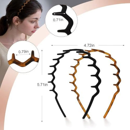 2 Pack Plastic Zig Zag Headbands for Women, Non-Slip Slicked Back Style, Comfortable Comb Headband with Teeth, Tortoise & Black, 2 Pcs