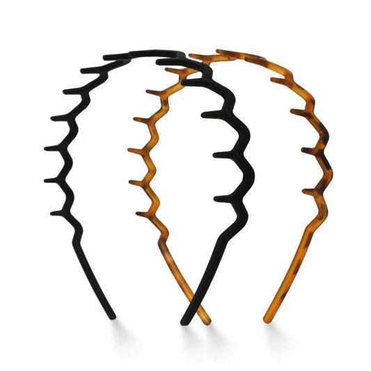 2 Pack Plastic Zig Zag Headbands for Women, Non-Slip Slicked Back Style, Comfortable Comb Headband with Teeth, Tortoise & Black, 2 Pcs