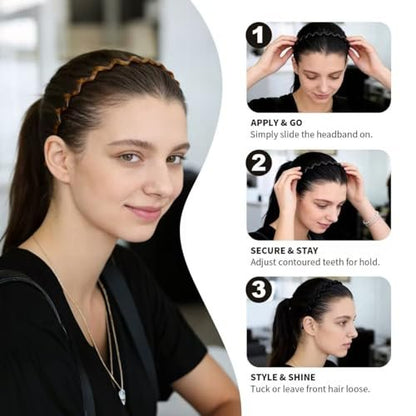 2 Pack Plastic Zig Zag Headbands for Women, Non-Slip Slicked Back Style, Comfortable Comb Headband with Teeth, Tortoise & Black, 2 Pcs