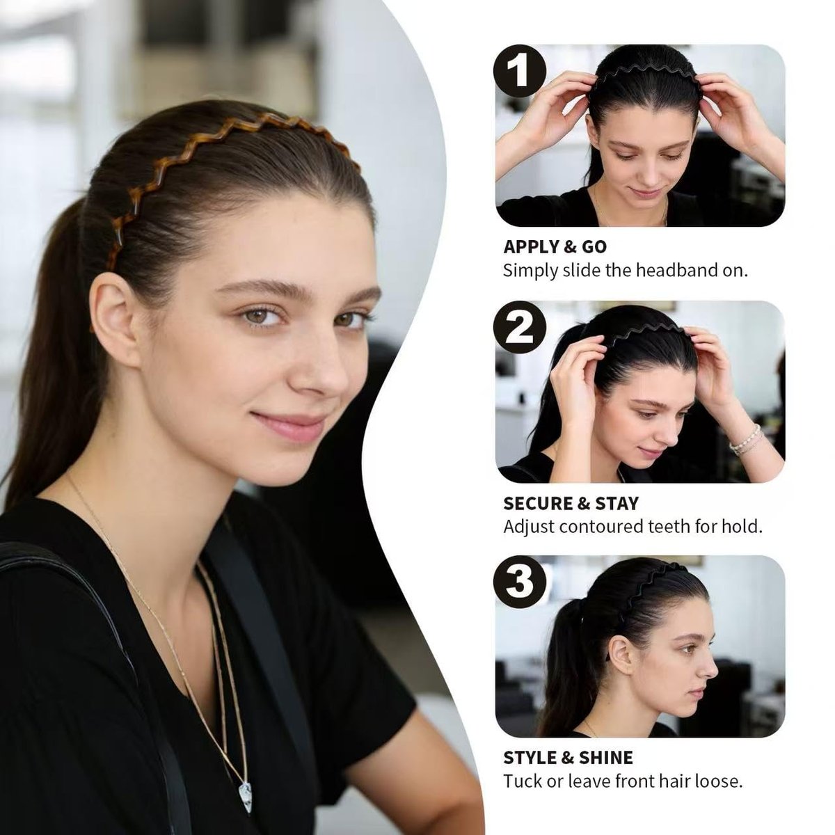2 Pack Plastic Zig Zag Headbands for Women, Non-Slip Slicked Back Style, Comfortable Comb Headband with Teeth, Tortoise & Black, 2 Pcs - görsel 9