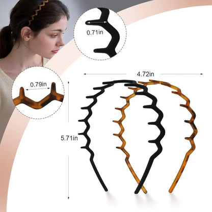 2 Pack Plastic Zig Zag Headbands for Women, Non-Slip Slicked Back Style, Comfortable Comb Headband with Teeth, Tortoise & Black, 2 Pcs