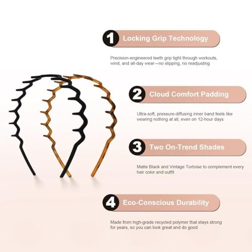 2 Pack Plastic Zig Zag Headbands for Women, Non-Slip Slicked Back Style, Comfortable Comb Headband with Teeth, Tortoise & Black, 2 Pcs - görsel 8