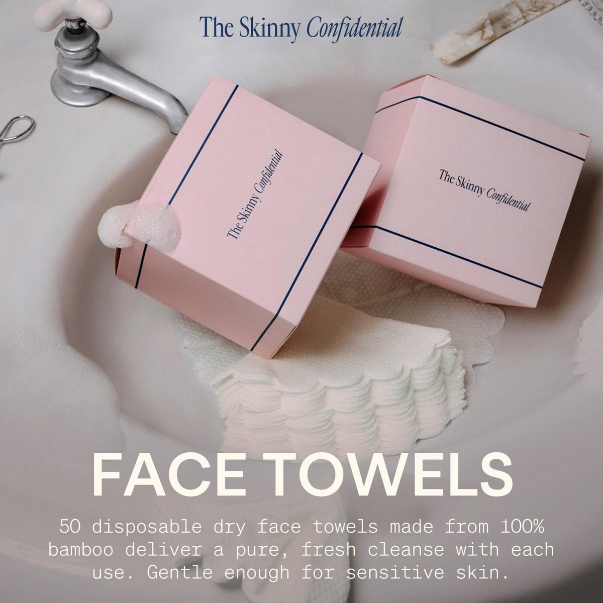 The Skinny Confidential Disposable Face Towels (50 Count) – Silky Soft Gentle Facial Towels, Thick & Highly Absorbent, Premium 100% Rayon Made from Bamboo for Sensitive Skin Avelisse
