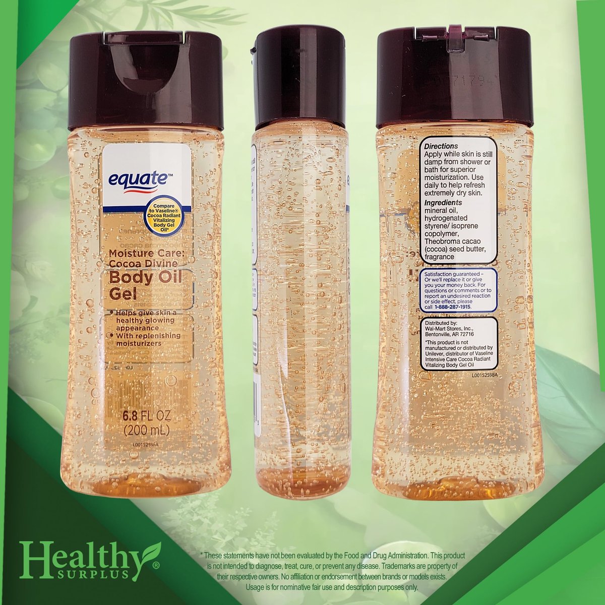 Equate Body Oil Gel - Cocoa Divine - 6.8 FL OZ (200 mL) + Vital Volumes Skin Care Basics Tips Card Avelisse