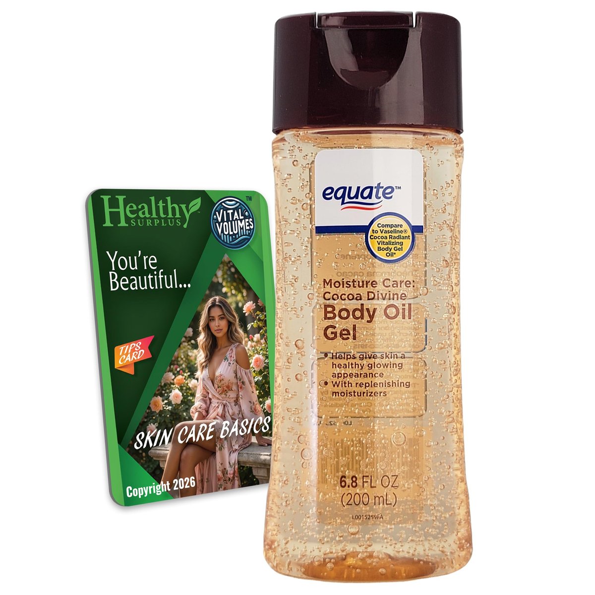Equate Body Oil Gel - Cocoa Divine - 6.8 FL OZ (200 mL) + Vital Volumes Skin Care Basics Tips Card Avelisse