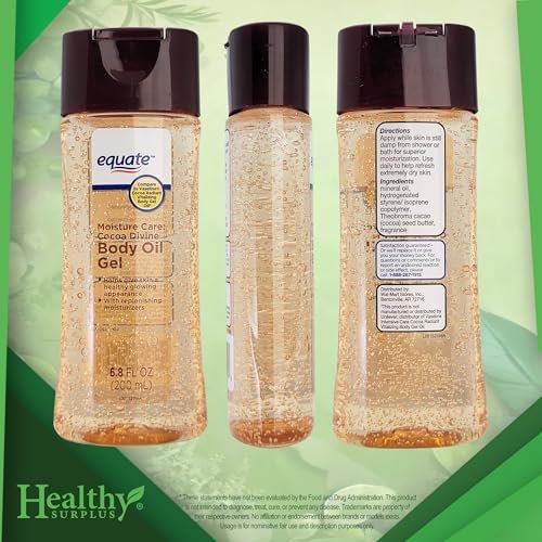 Equate Body Oil Gel - Cocoa Divine - 6.8 FL OZ (200 mL) + Vital Volumes Skin Care Basics Tips Card Avelisse