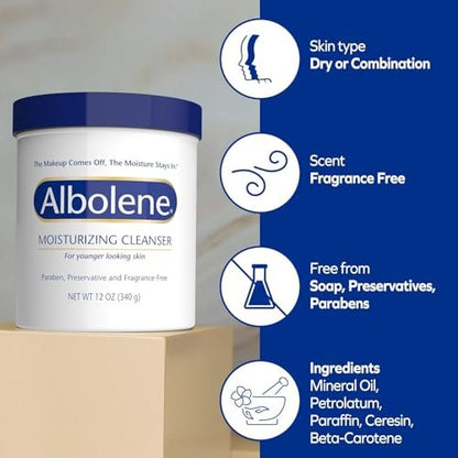 Albolene Moisturizing Cleanser & Makeup Remover Balm - Fragrance-Free Facial Cream for Cleansing & Hydration - Multi-Use Skincare for All Skin Types - No Harsh Chemicals - 12 oz