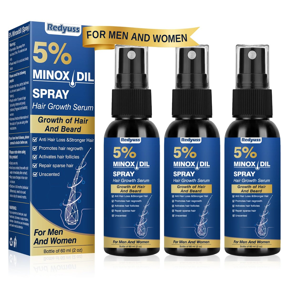 Redyuss 5% Minoxidil Hair Growth Spray Serum with Biotin for Men and Women – 3 Bottles of 2oz, Thicker, Fuller, Healthier Hair Avelisse