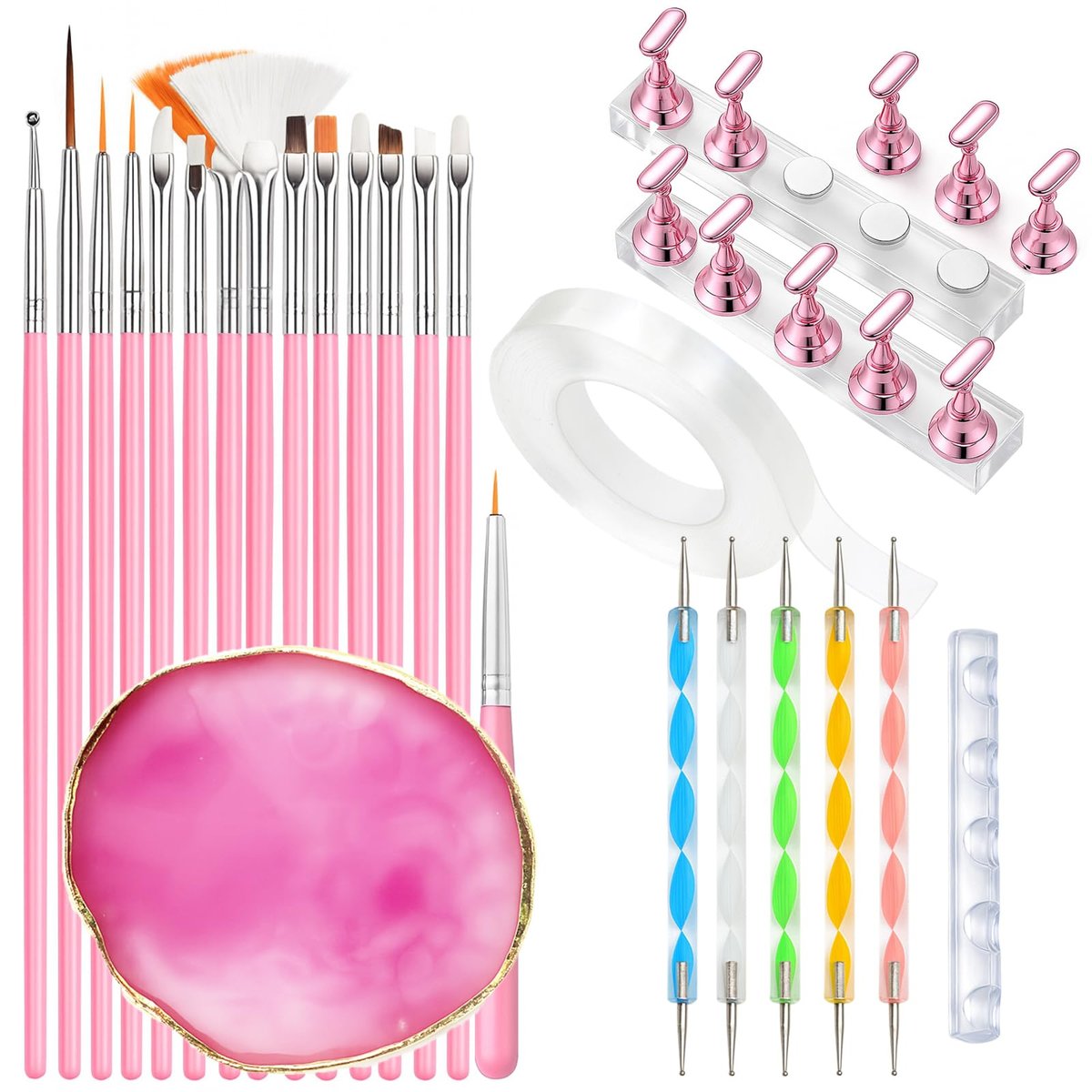 HomTop 15-Piece Nail Art Tools Set: Brushes, Dotting Pens, Palette, Stands & Tape for Press-On Nails – Perfect for Beginners & Nail Techs Avelisse