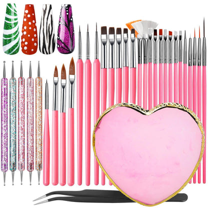 FANDAMEI 33-Piece Nail Art Tools Set - Professional Nail Brushes, Dotting Tools, and Palette for Creative Nail Design