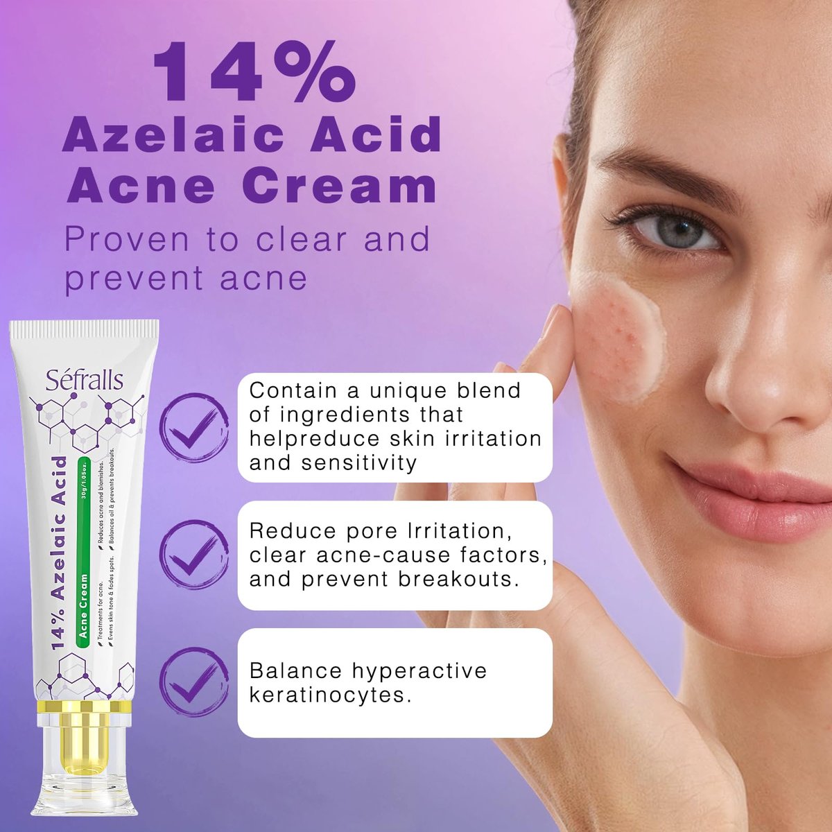 14% Azelaic Acid Acne Cream – Redness Relief & Clarifying Face Moisturizer for Acne-Prone Skin, Calms Pimples & Soothes Irritation, 1 oz - görsel 3