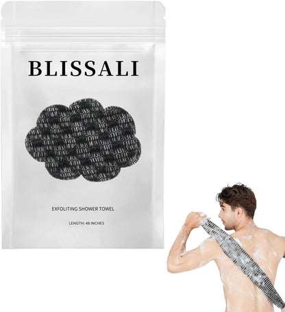 Blissal Exfoliating Shower Towel 47" - Premium 2-in-1 Scrub Washcloth for Body & Face, Dual-Sided Exfoliating Cloth for Smooth Skin, Black