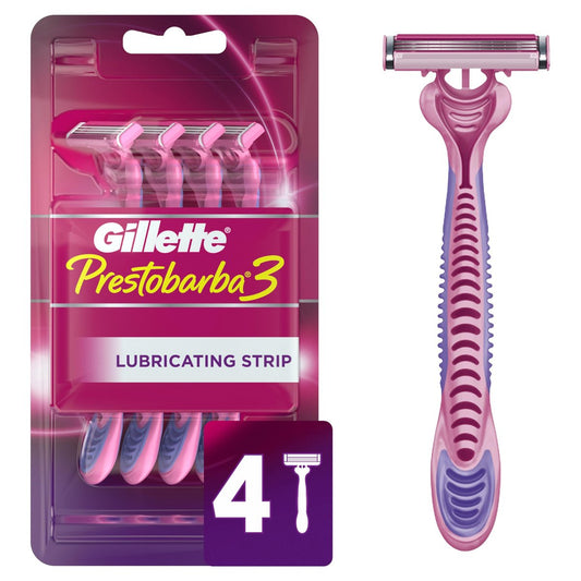 Gillette Prestobarba 3 Disposable Razors for Men and Women, 4 Count - Pink Handle, Rubber Grip