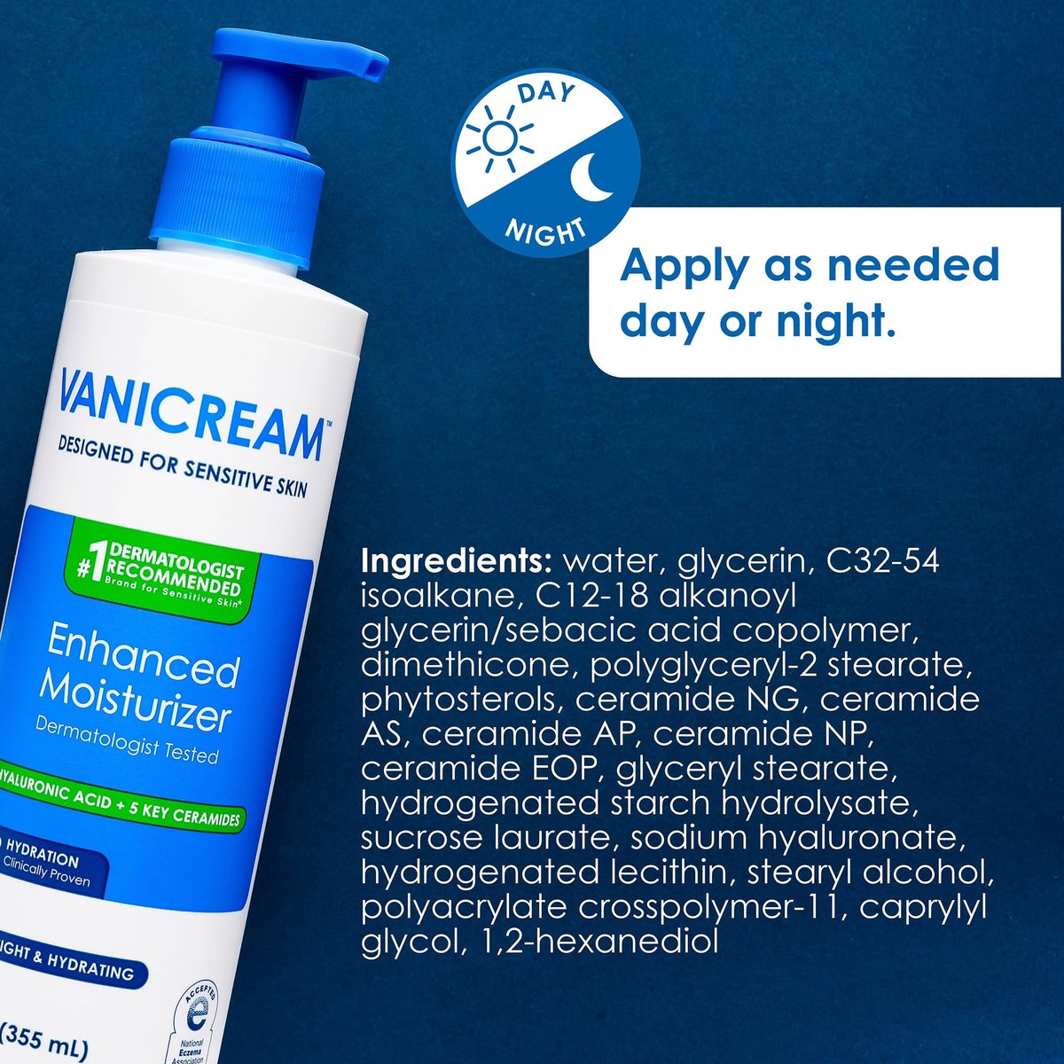 Vanicream Enhanced Moisturizer - 12 Fl Oz Daily Body Lotion for Dry, Sensitive Skin with Hyaluronic Acid, Glycerin & Ceramides Avelisse