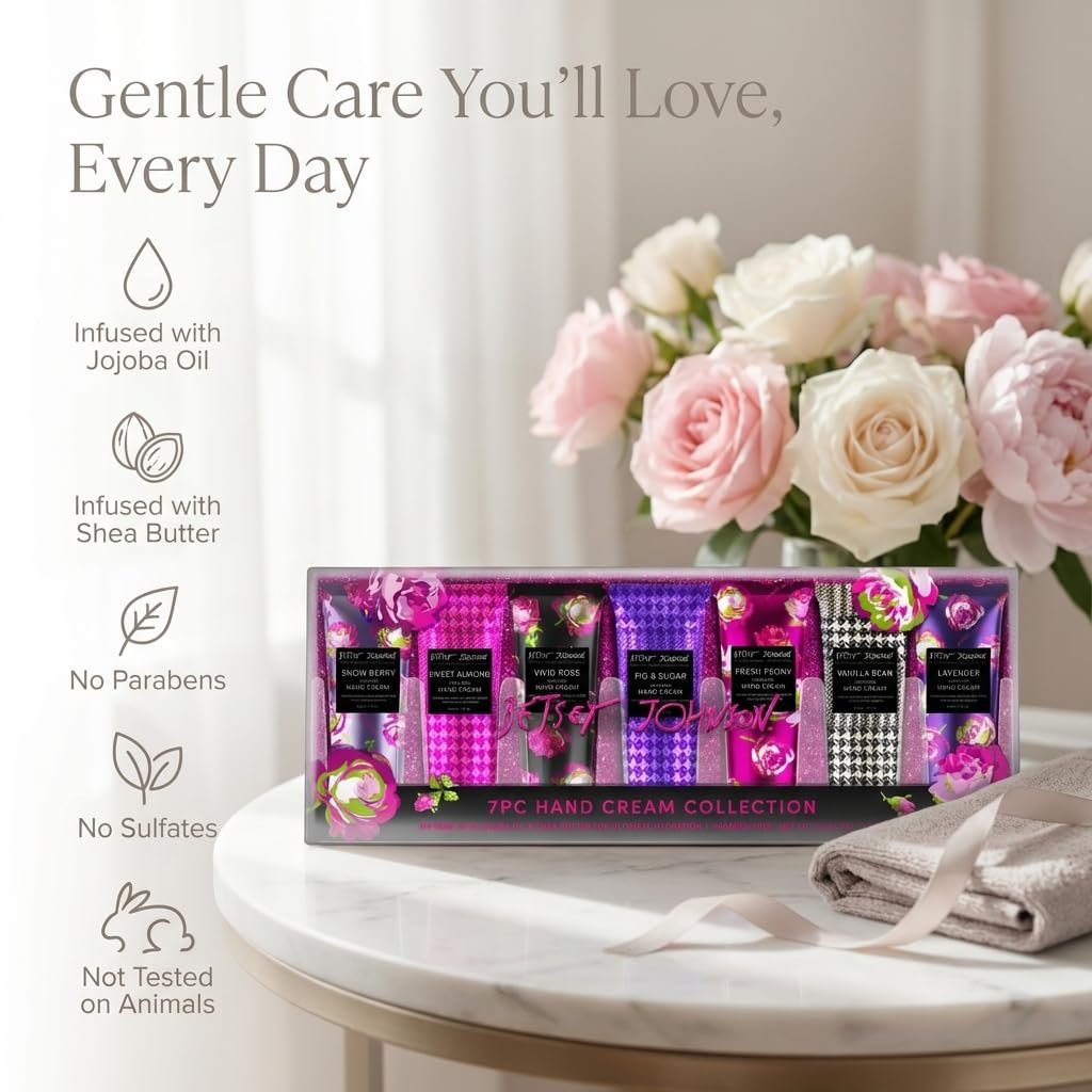 Betsey Johnson Hand Cream Gift Set – 7 Piece Travel Size Lotion Collection for Women, Mini Hand Creams for Dry Skin, Moisturizing Hand Lotion with Lavender, Rose, Vanilla & More – 30ml Each - görsel 5